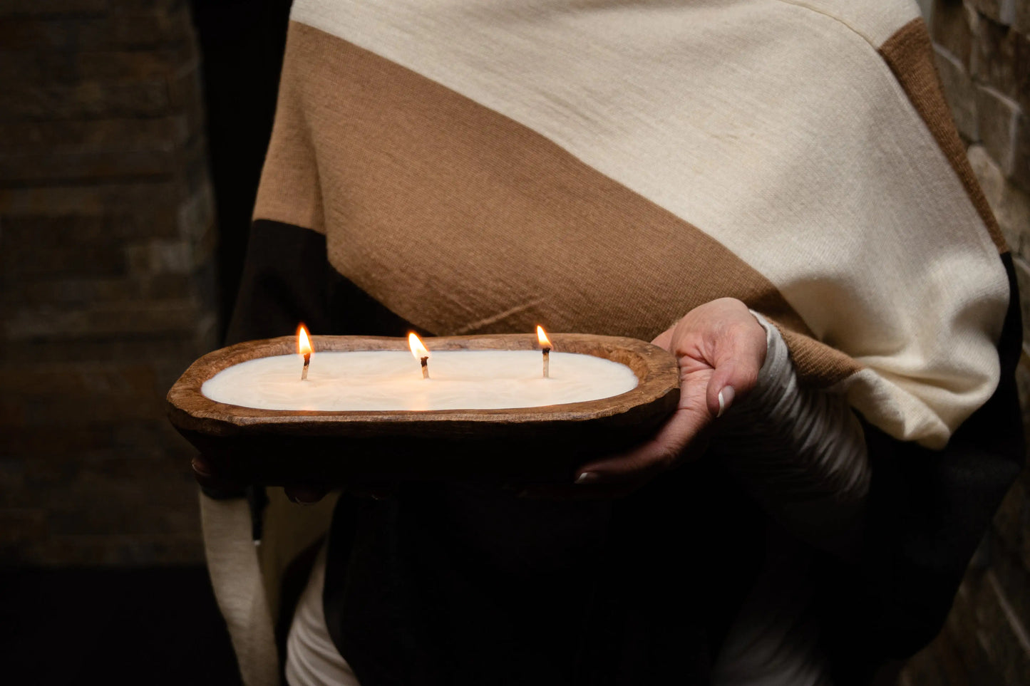 3-Wick Natural Ingredient Candle in Wooden Dough Bowl